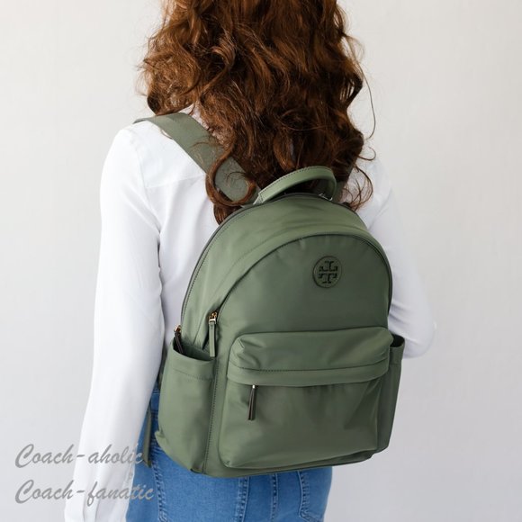 NWT Tory Burch Ella Logo Dual Zip Compartment Nylon Backpack in Palm Leaf - Picture 2 of 11